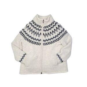 LL Bean Sherpa Lined Sweater Jacket Fair Isle Nordic Lambs Wool - Large Petite